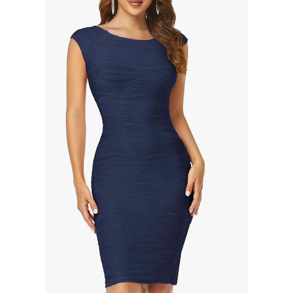 Navy Blue Bodycon Mini Dress SMALL Ribbed Career Cocktail Party Taydey NEW